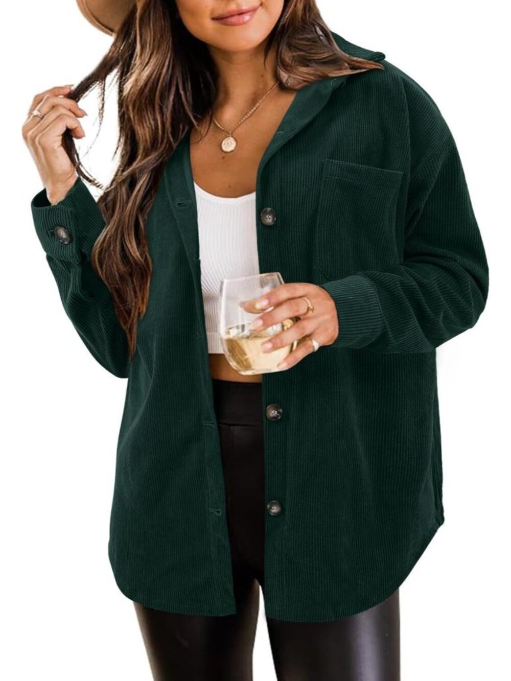 Women's Deep Green Oversized Corduroy Long Sleeve Button-down Shacket Jacket